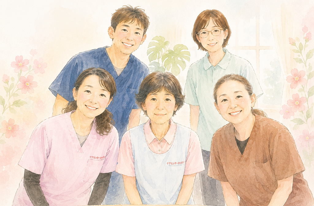 ケアセンターさいさい浦和美園のスタッフが笑顔で並んでいる様子